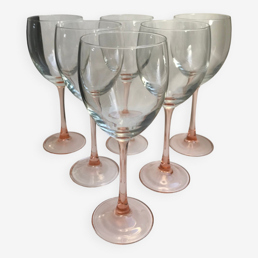 Set of six large pink stemmed wine glasses